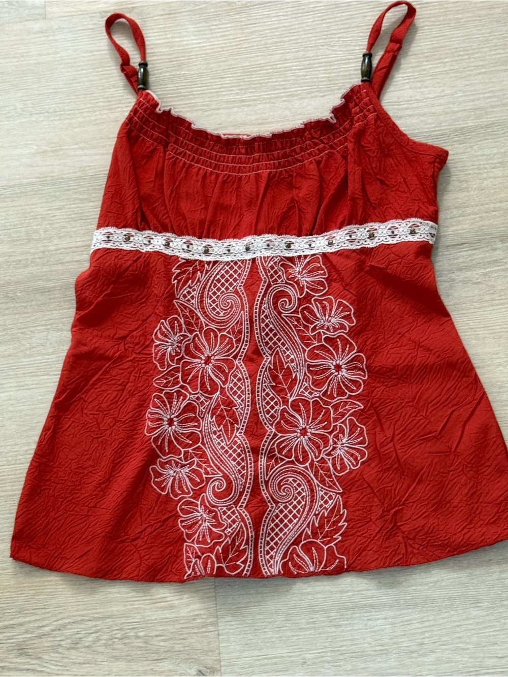 HeartSoul Y2K Boho Embroidered Spaghetti Strap Top Rust Orange Floral